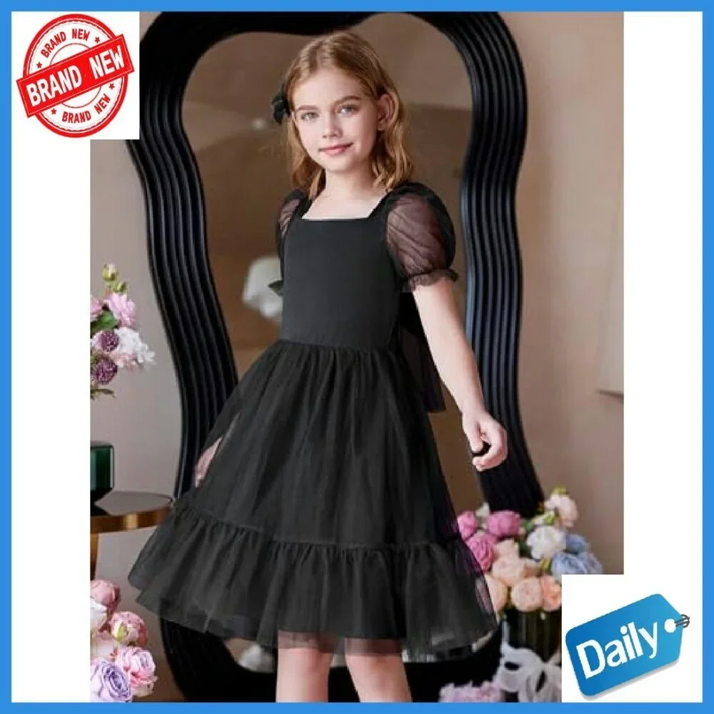 Girls Tulle Dress Puff Sleeve Bow Back Party Holiday Spring Summer Size